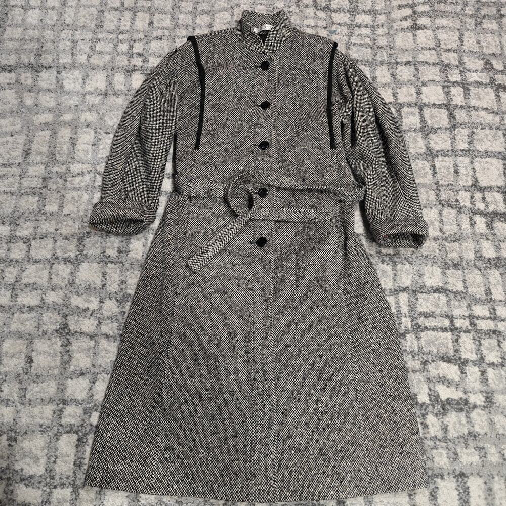 Vintage Alorna Salt & Pepper Wool Coat Mid Century Tweed Belted Long Jacket S M